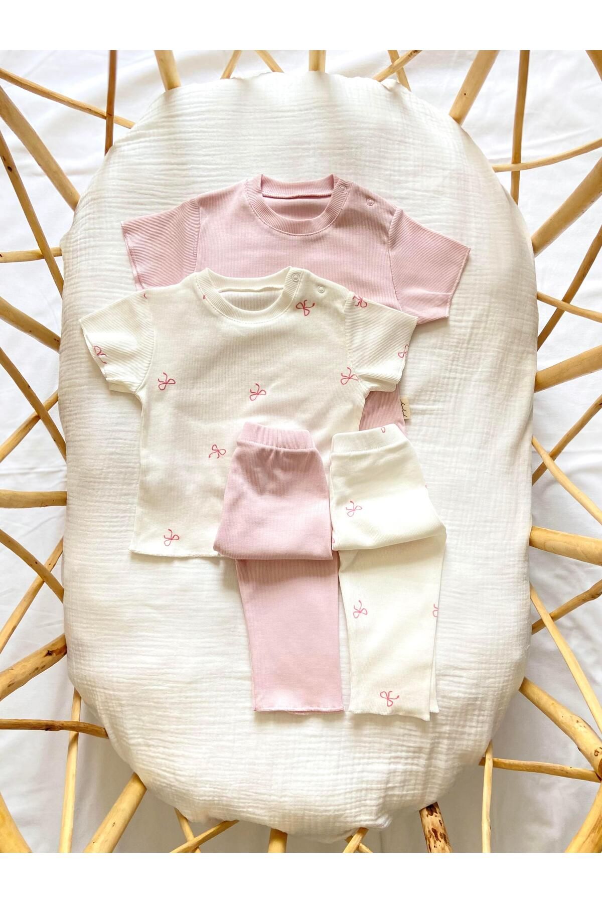 Zezig-Bow Pattern and Pink Color 2 Pieces Camisole Bottom-Top Set 100% Cotton 2