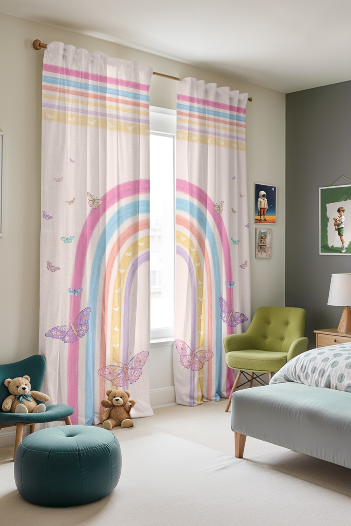 Evpanya Kelebekli Gökkuşağı Desenli Çocuk Bebek Odası Fon Perde (Tek Kanat Fiyatlandırma) fotoğrafı 3 (önizleme)