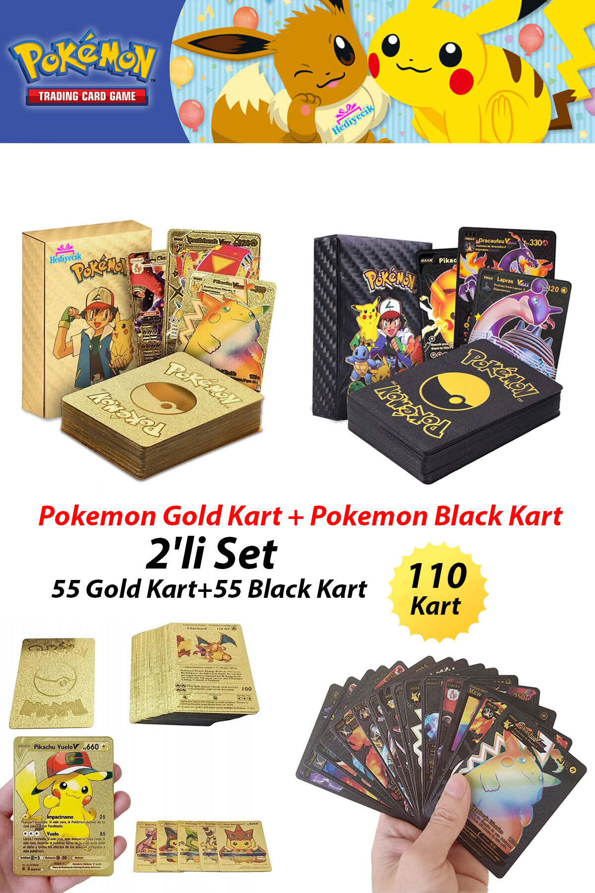 hediyecik Pokemon Gold Foil Starter Kart + Pokemon Black Foil
