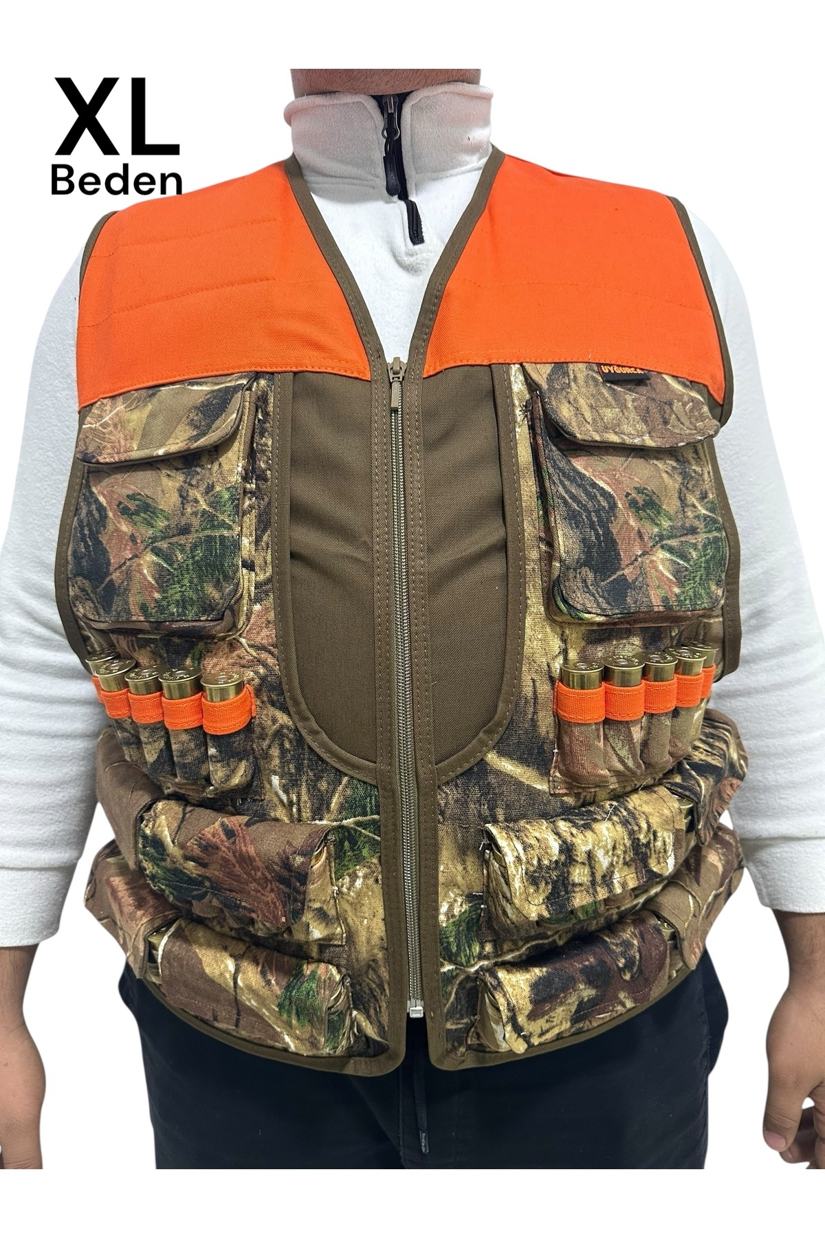 UYĞURCA XL Beden Avcı Yeleği - 50 Fişek Kapasiteli - Meşe Desen - 12 Kalibre - Turuncu Omuzlu