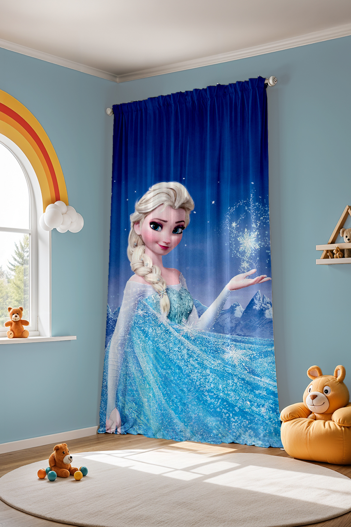 Evpanya Mavi Elsa Desenli Çocuk Bebek Odası Fon Perde (Tek Kanat Fiyatlandırma) fotoğrafı 4 (önizleme)