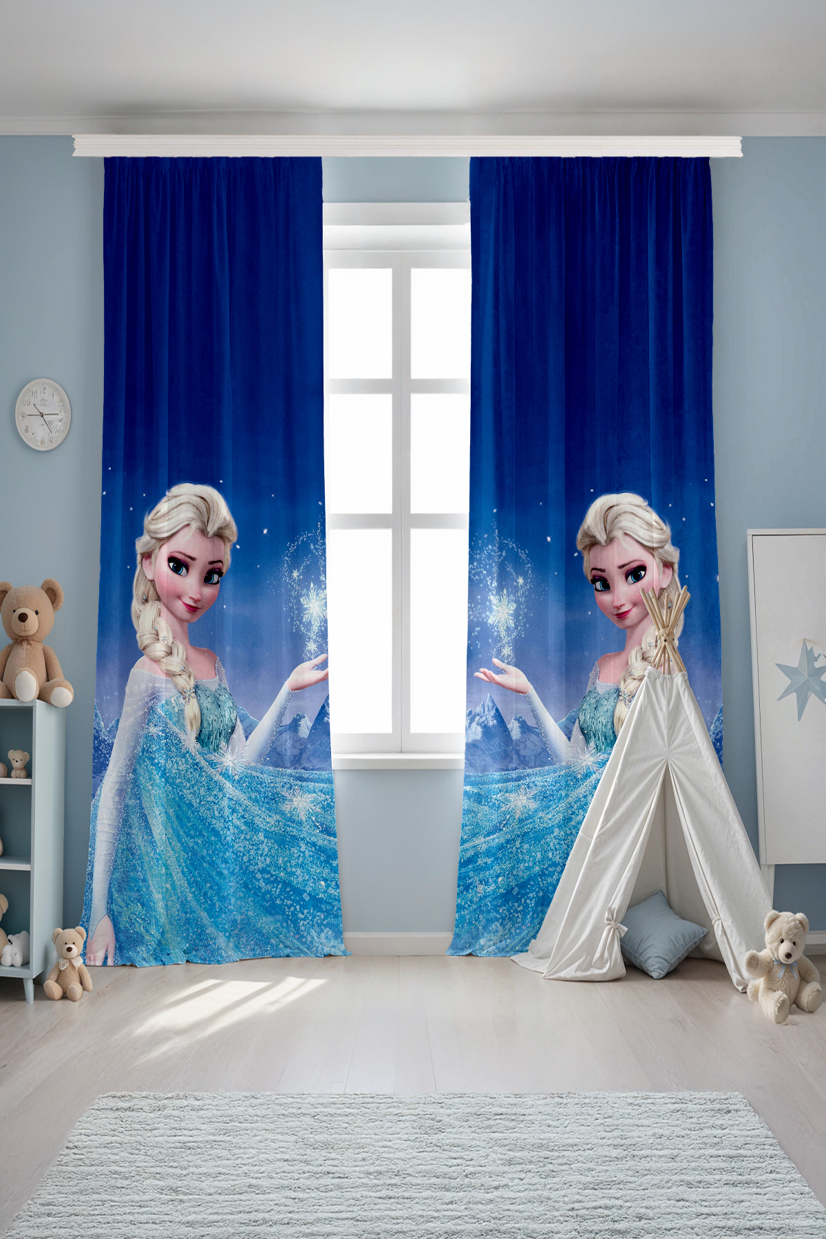 Evpanya Mavi Elsa Desenli Çocuk Bebek Odası Fon Perde (Tek Kanat Fiyatlandırma) fotoğrafı 2 (önizleme)