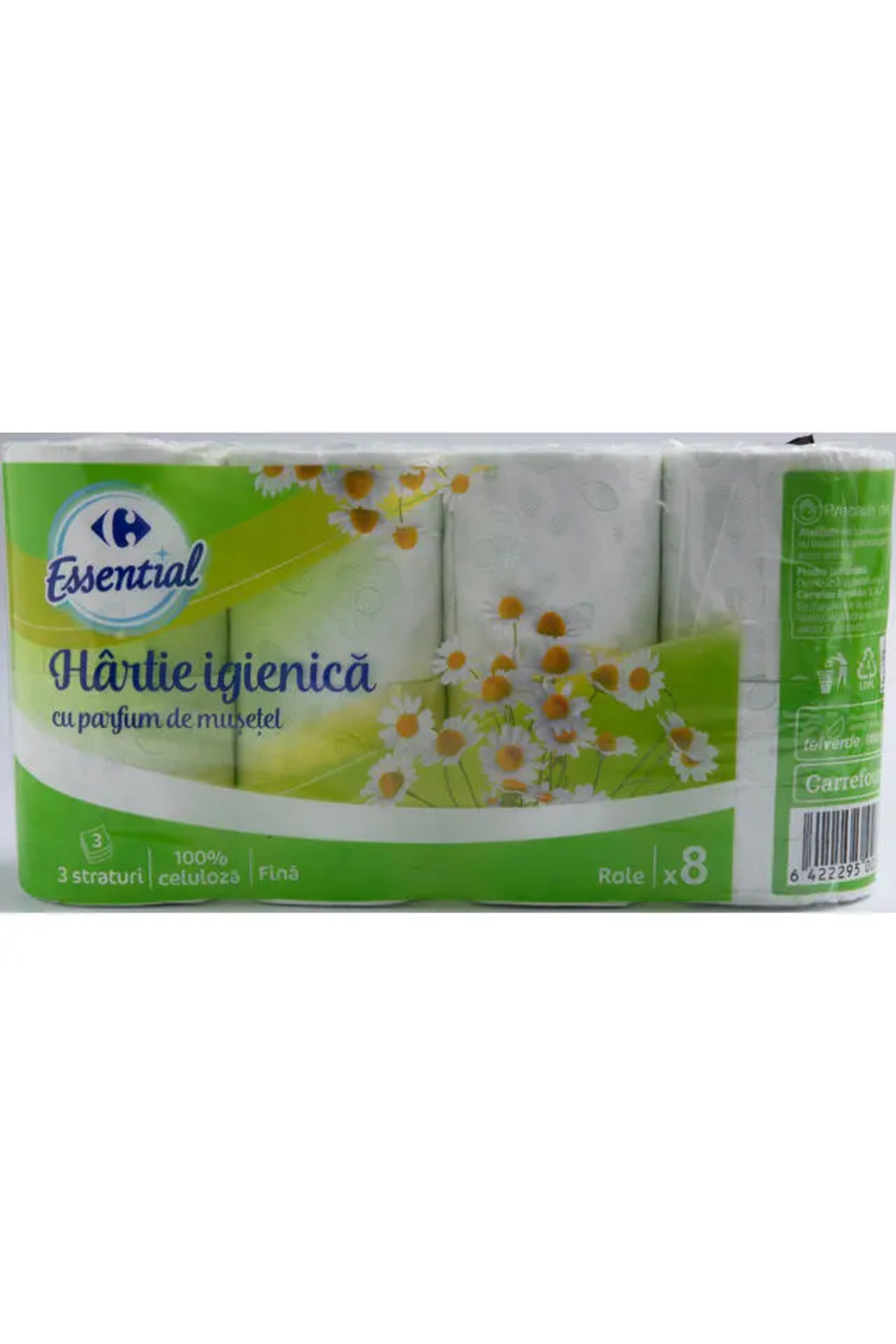Carrefour Hartie igienica fina Essential cu parfum de musetel 3 straturi, 8 role