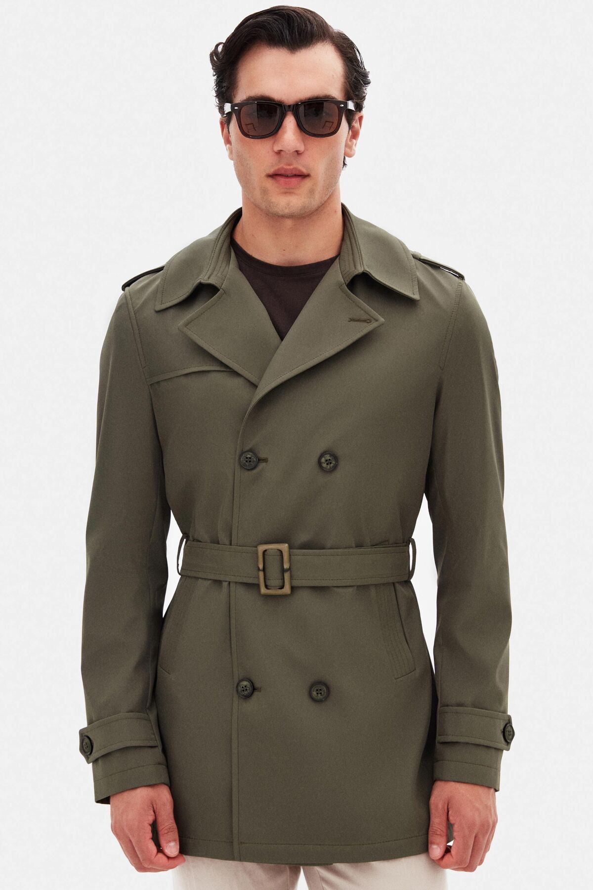 D'S Damat Ds Damat Regular Fit Koyu Haki Apoletli Beli Kemerli Pardösü/Trenckot