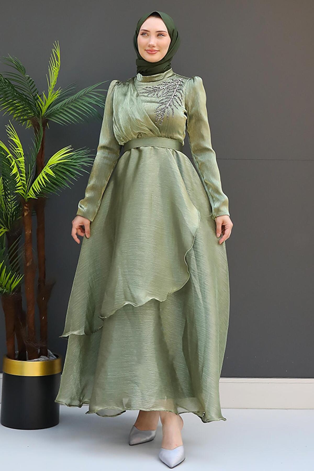 Stone Organza Evening Dress Oil Green