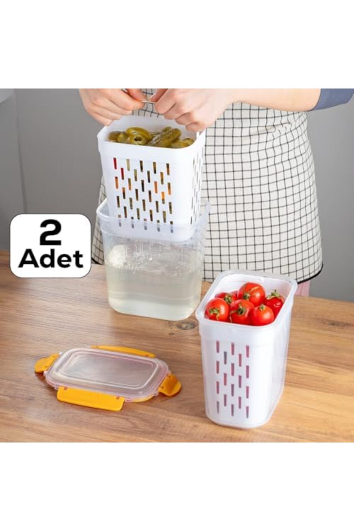 AC BOX-1047 2-Piece Yellow Lock Covered Drainer Pickle Olive Net Multi-Purpose Rectangular Storage 3