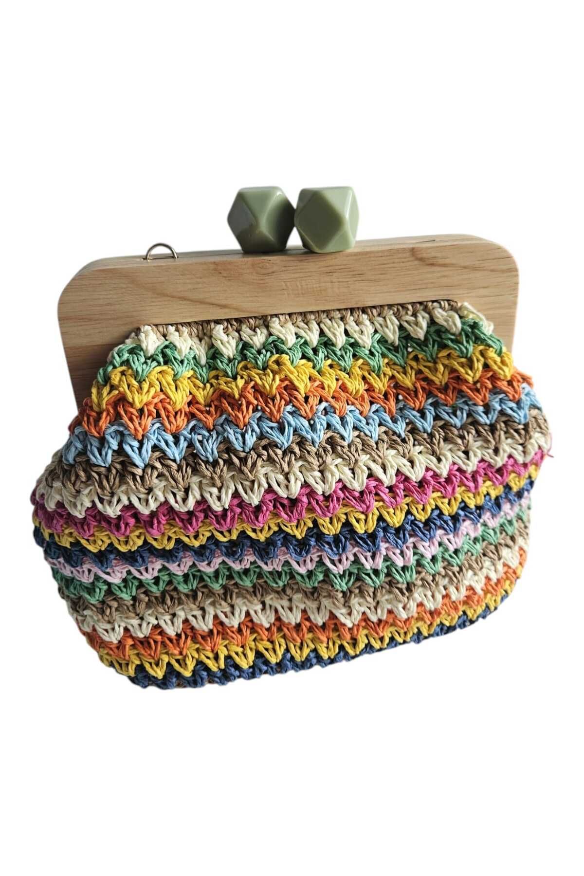 SONİKON LİNE-Handmade Straw Look Clutch Bag Colorful Weave Design, Handmade Shoulder Bag with Lining and Chain 2