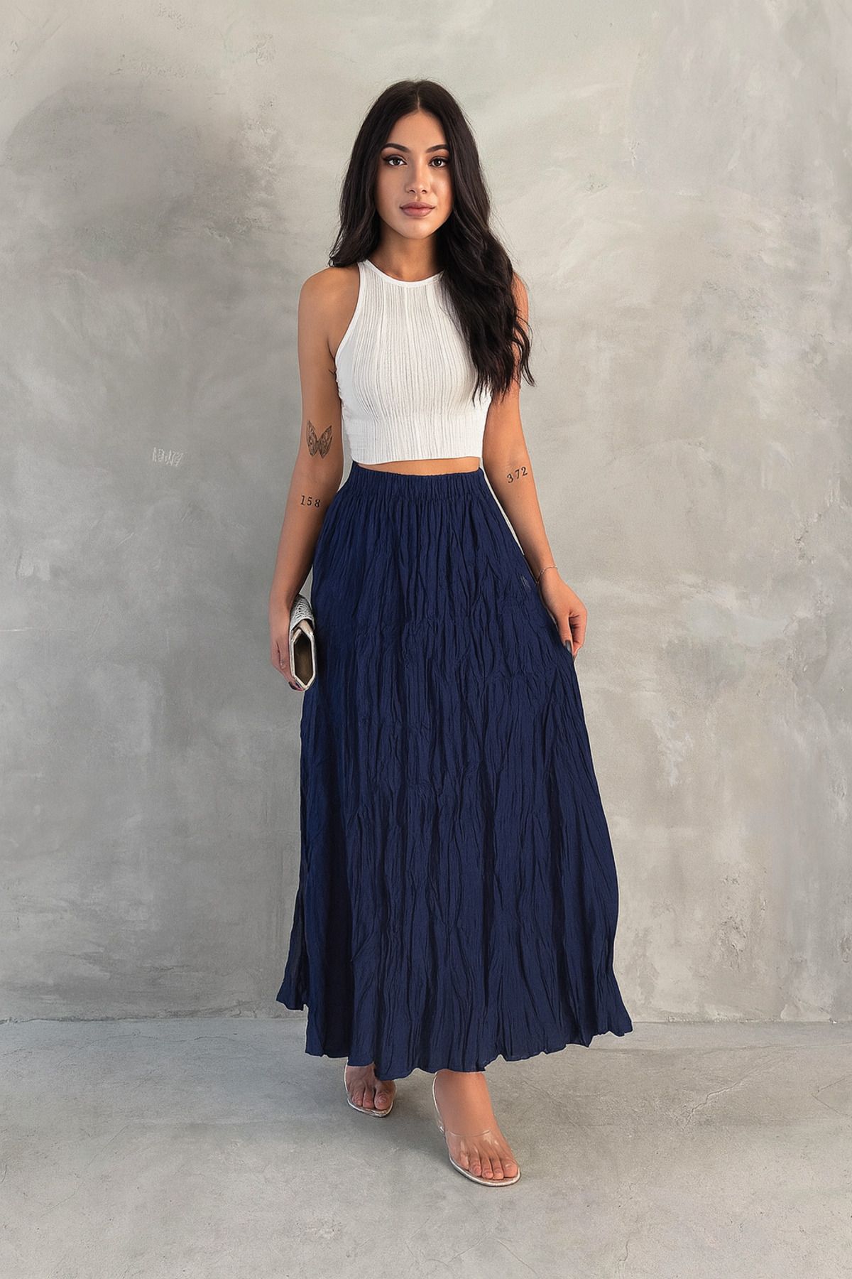 VOICTEC-Women's Wrinkled Maxi Size Elastic Waist Standard Size (38-44 Size Range) Flared Hijab Skirt 1