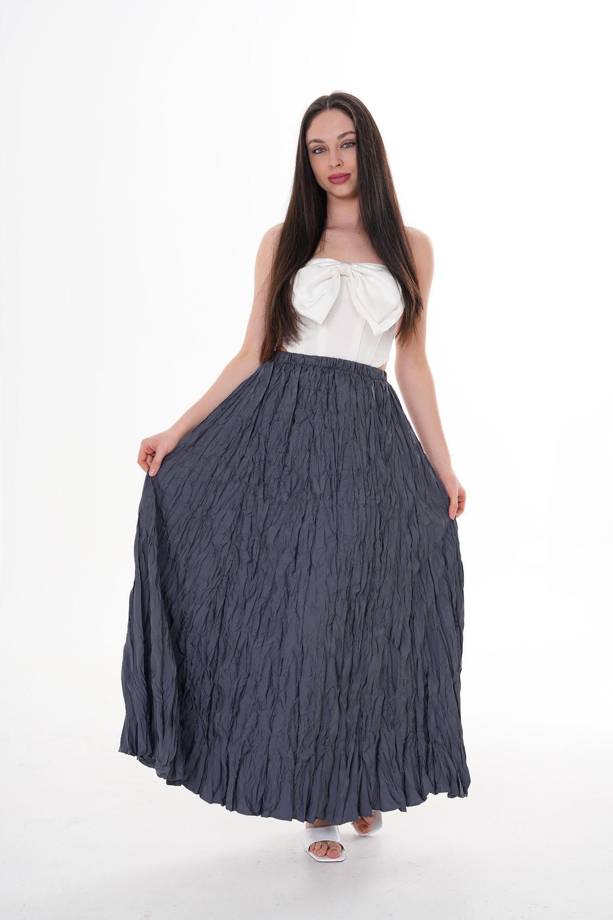 VOICTEC-Women's Wrinkled Maxi Size Elastic Waist Standard Size (38-44 Size Range) Flared Hijab Skirt 1