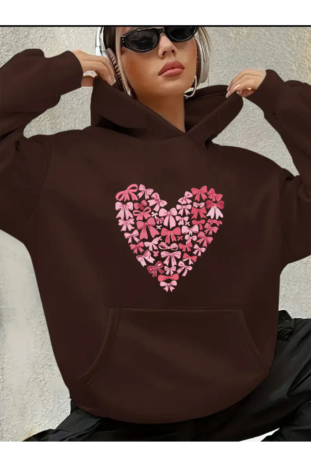 herkesemoda Heart Bow Printed Hooded Sweatshirt with Fleece Inside