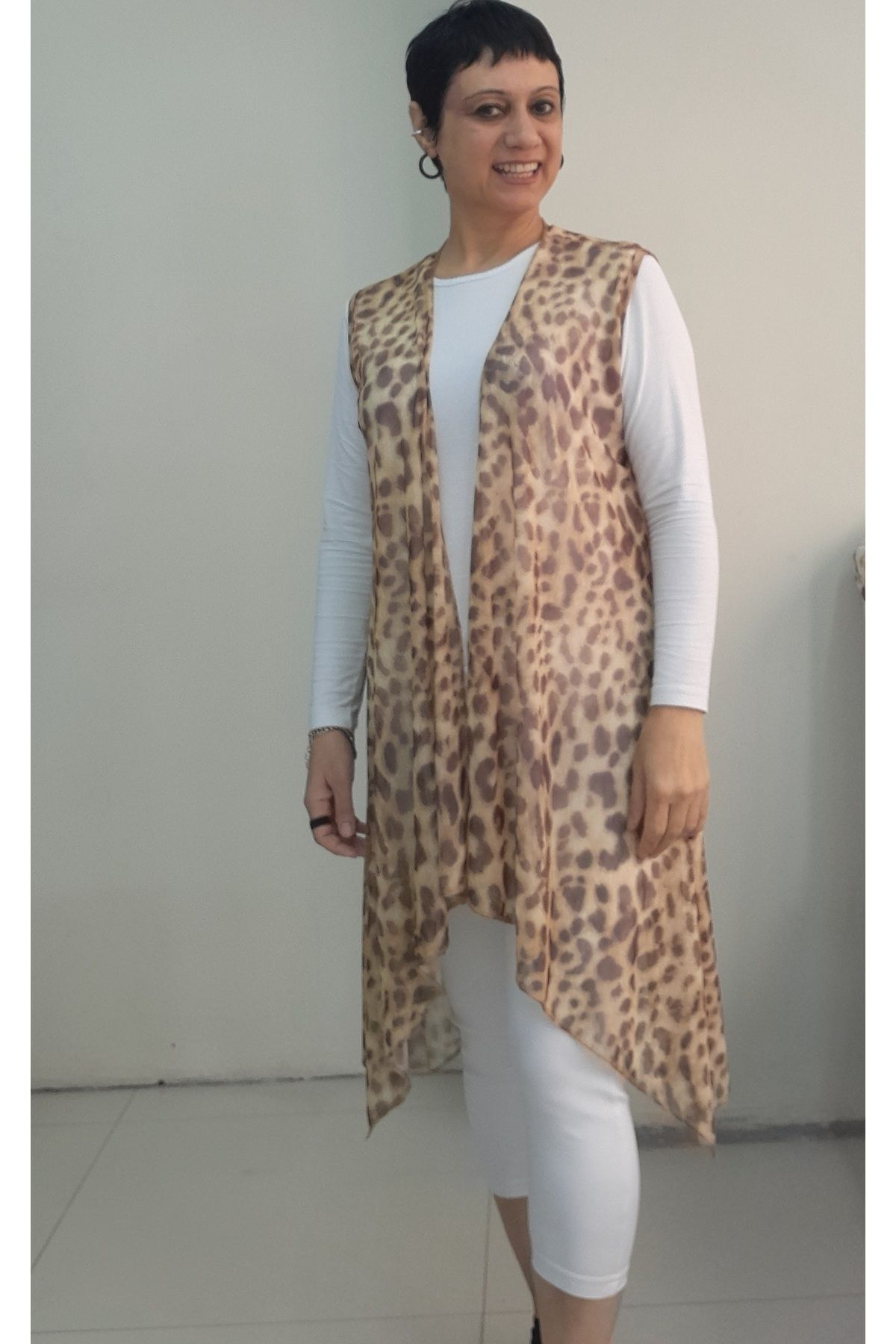 Mertcan Butik-Light Coffee Beige Mink Leopard Print Loose Asymmetrical Cutout Tulle Vest 7