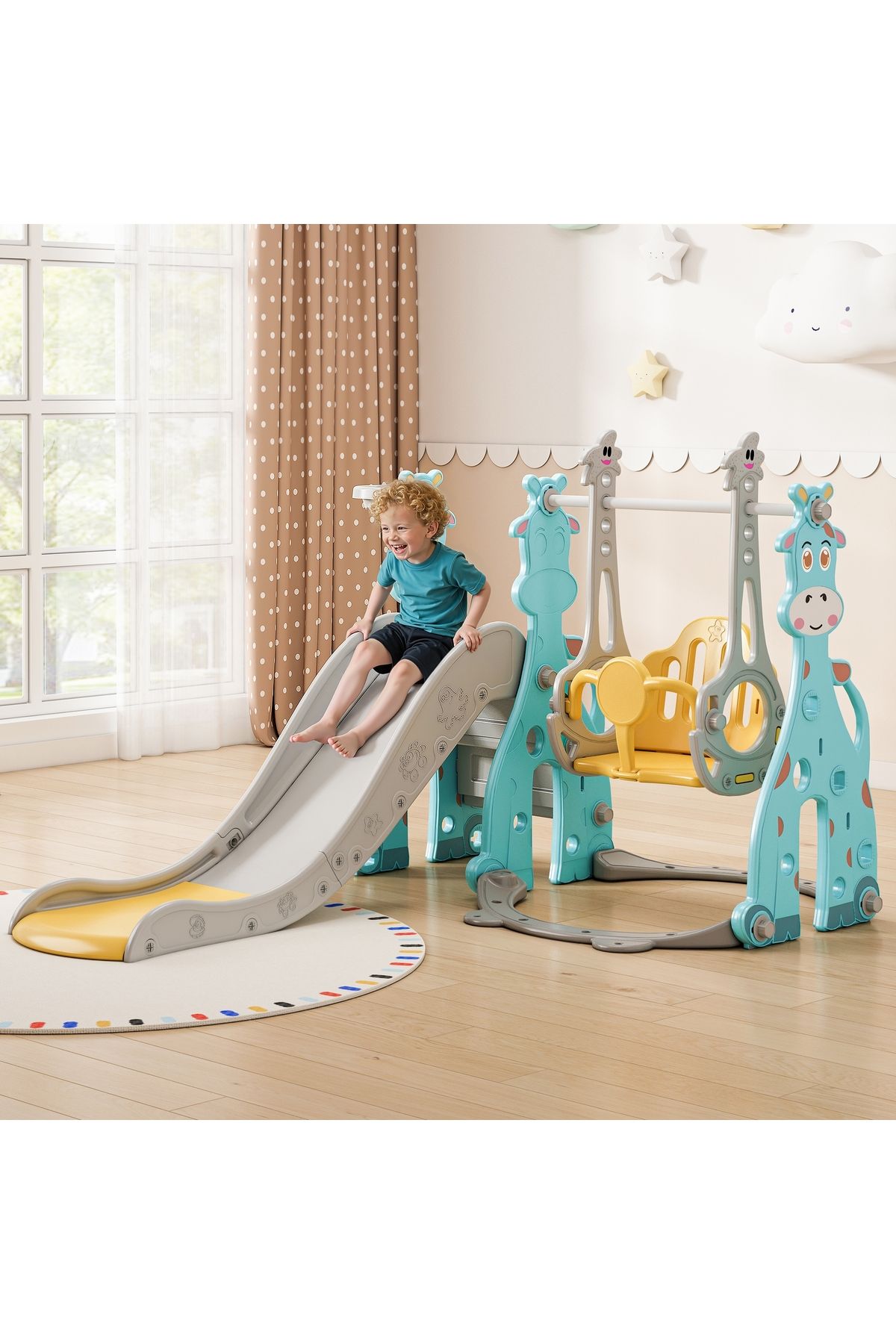 Sheinhome-Kids Swing And Slide Set Indoor Toddler Slide Set With Basketball Hoopr for Children Playground 1