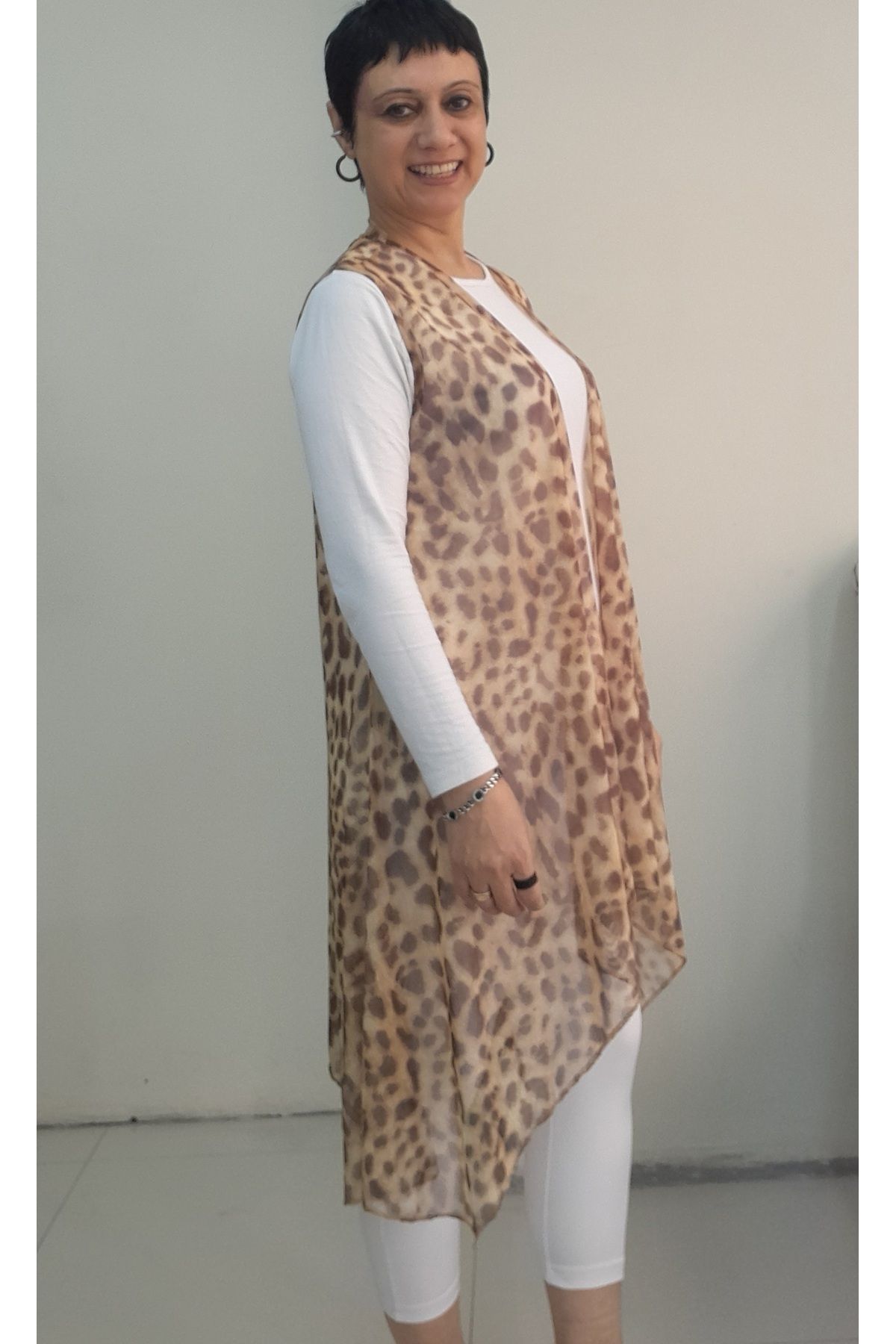 Mertcan Butik-Light Coffee Beige Mink Leopard Print Loose Asymmetrical Cutout Tulle Vest 4