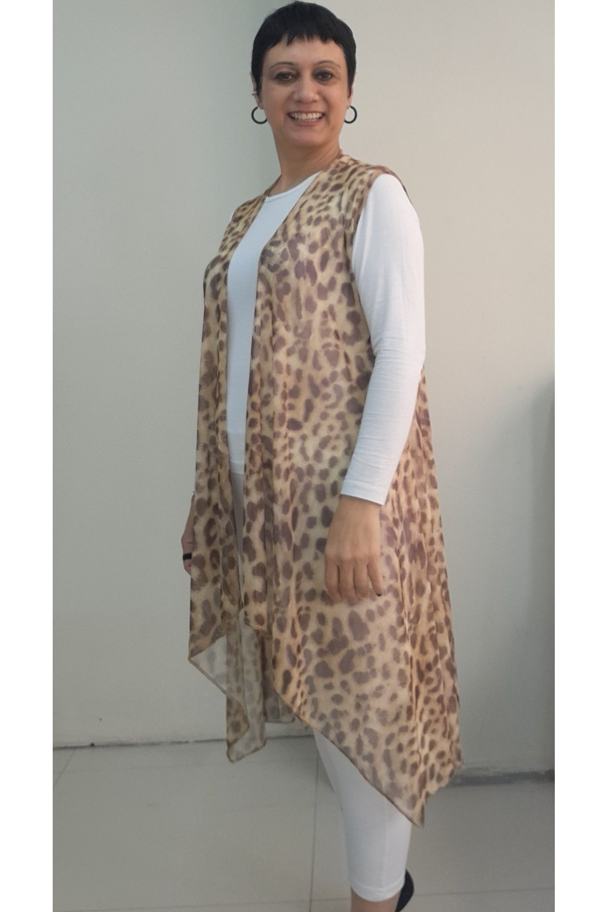 Mertcan Butik-Light Coffee Beige Mink Leopard Print Loose Asymmetrical Cutout Tulle Vest 5