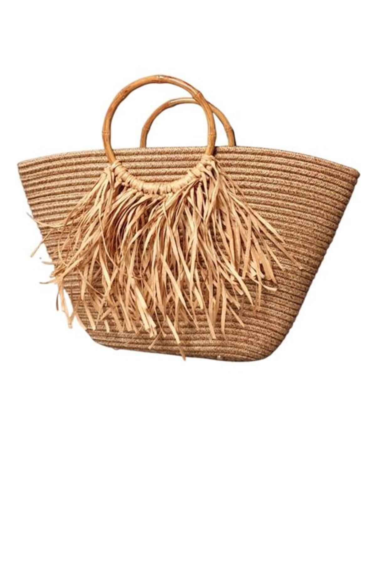 Uretti-- Ayşe 4723 0939 Handmade Jute Rope Straw Look Bag with Wooden Handle and Tassel - Brown 1