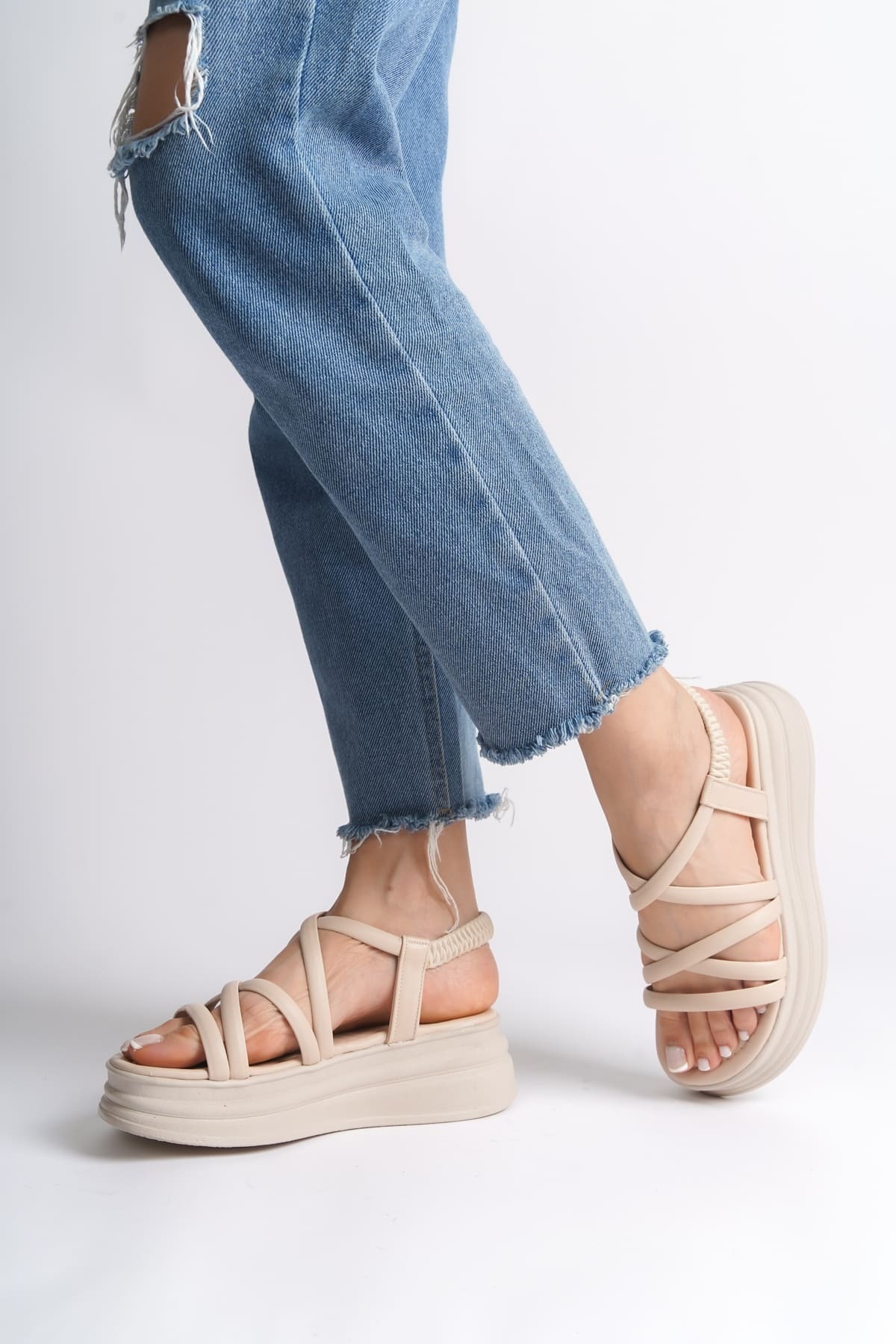 Joy Ayakkabı-Bella Elastic Strip Detailed Orthopedic Sole Women's Sandals Ckt - Cream 3