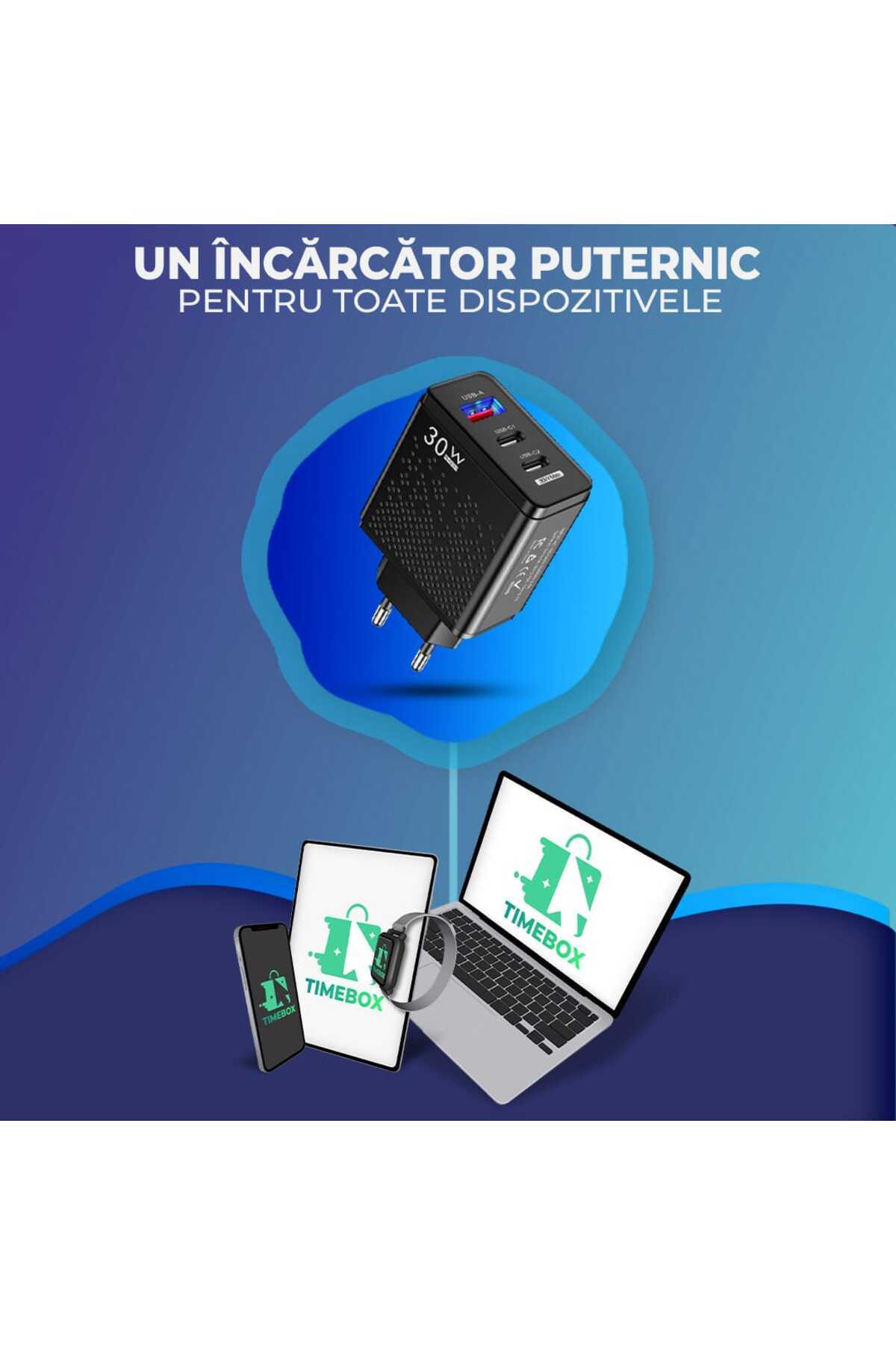 Timebox-Încărcător de rețea, 3 porturi, încărcare rapidă 30W, 2 x Tip-C, 1 x USB, Negru 5