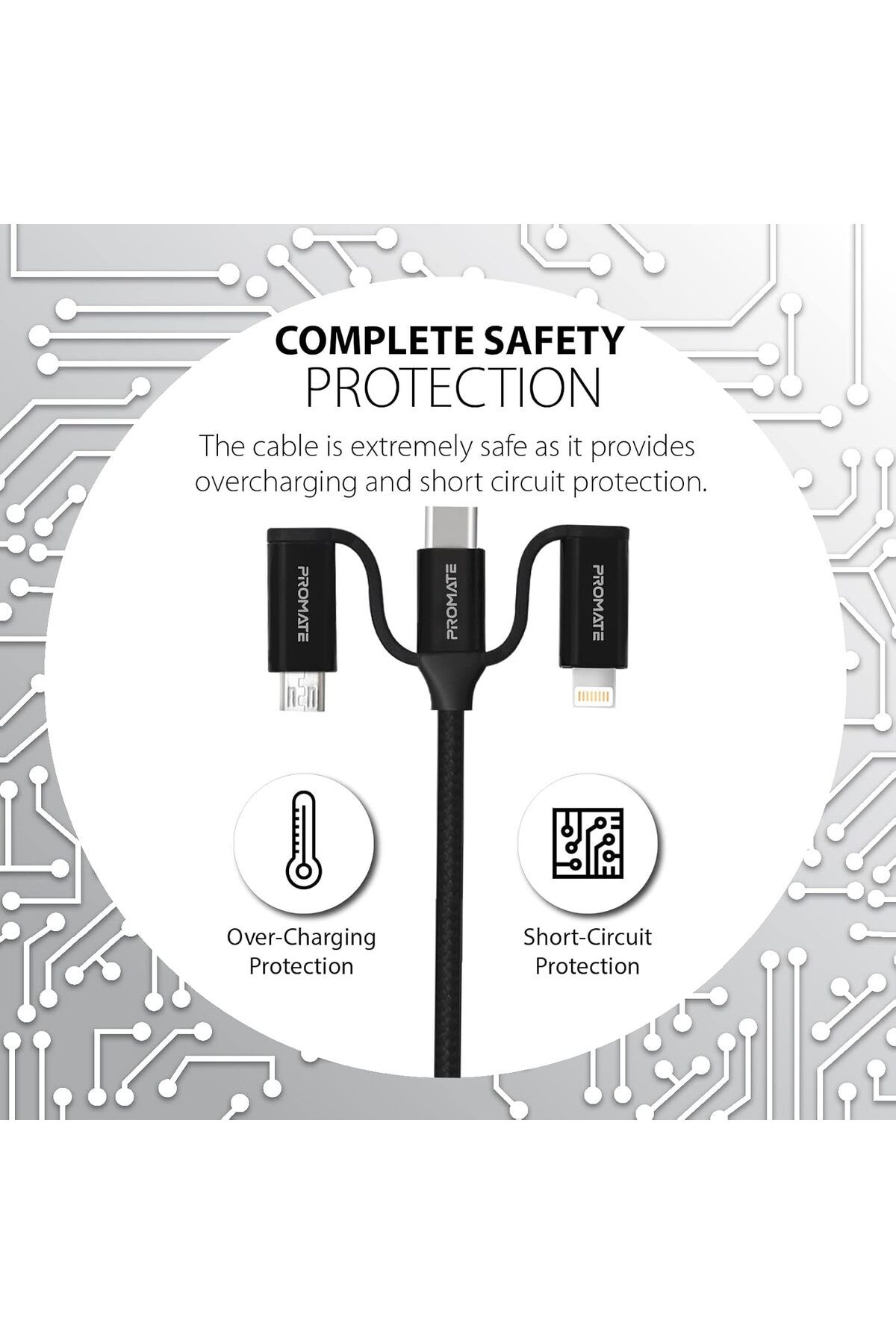 Promate-6-In-1 Multi Charging Cable, Lightning, USB-C, Micro USB to USB-A and USB-C,PentaPower-Black 2