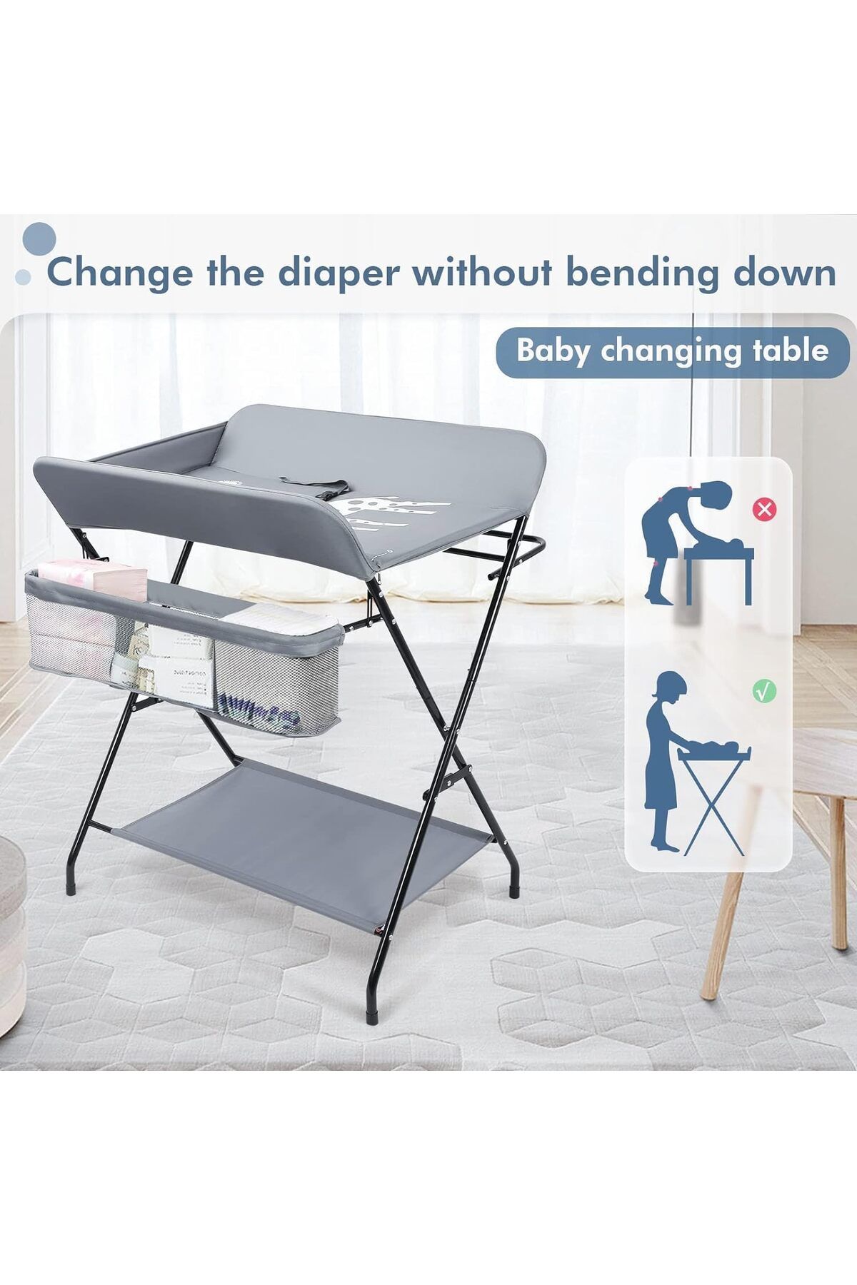 SKY TOUCH-SKY-TOUCH Portable Baby Changing Table Dresser, Foldable Changing Table with Wheels, Bottom Rack, Si 7