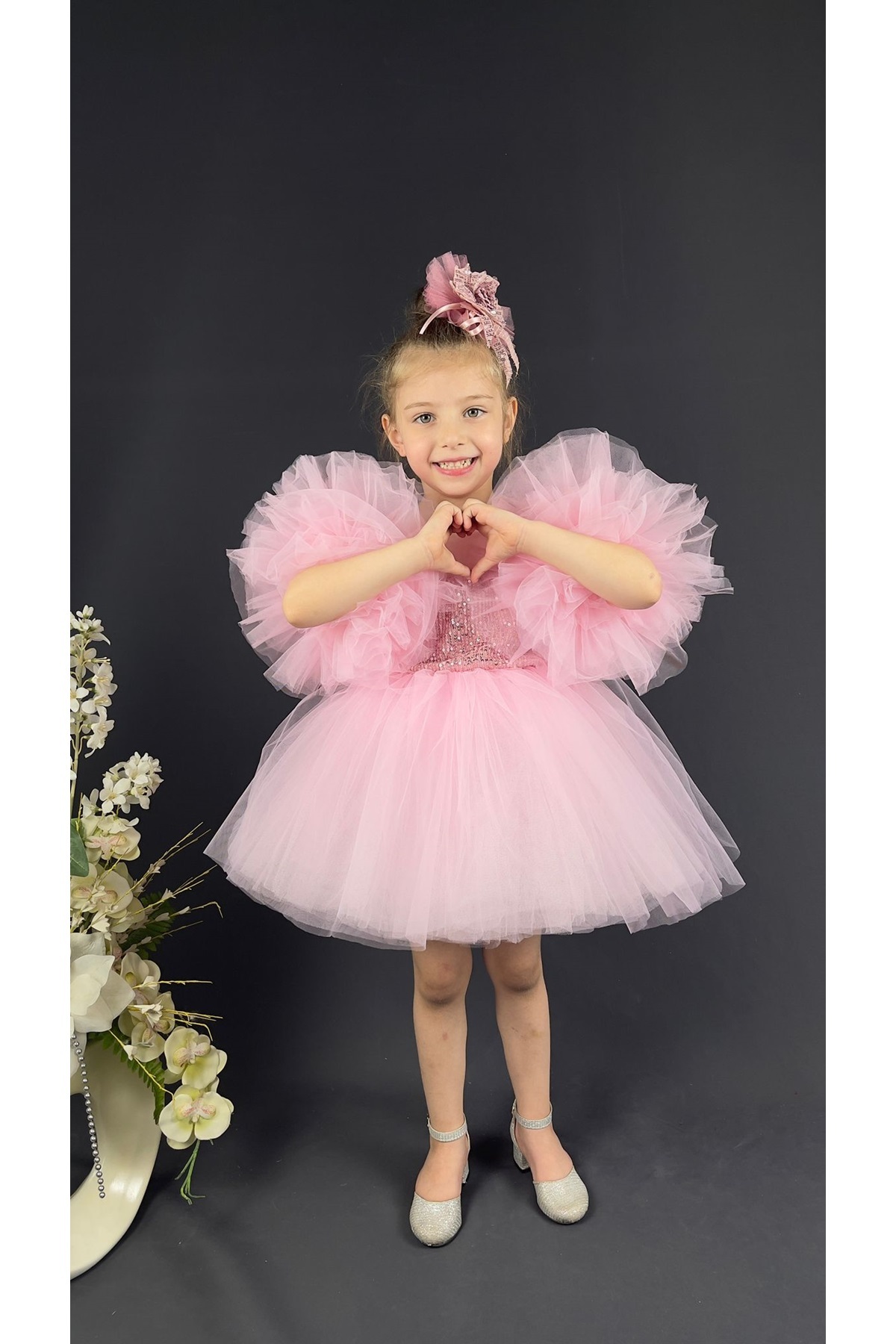 Mnk Baby&Kids Şifon Robalı Ponpon Kol Pul Payetli Kız Çocuk Kabarık Etek Tütülü Abiye PEMBE fotoğrafı 6 (önizleme)