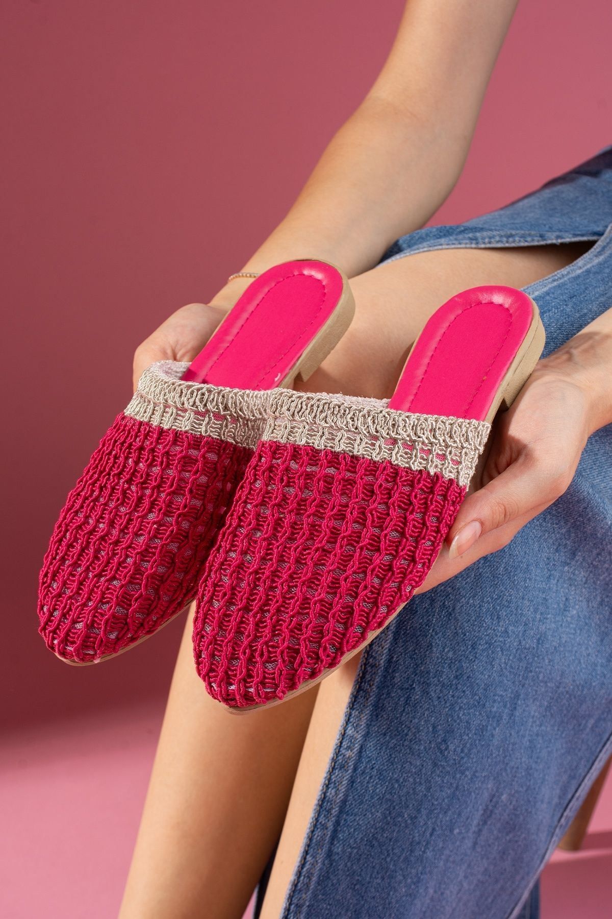 FUGA MODA-Kaiser Fuchsia Mink Two Color Closed Front Knitted Knitwear Slippers 3