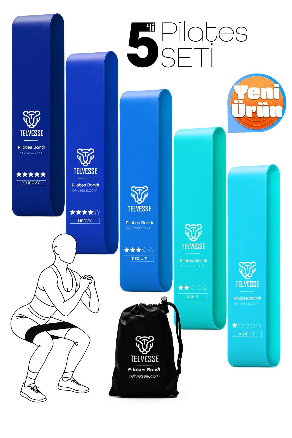 Telvesse 5’li Çantalı Pilates Direnç Bandı Seti | Egzersiz Squat Aerobik İçin Kapalı Uç Loop Lastik Mavi