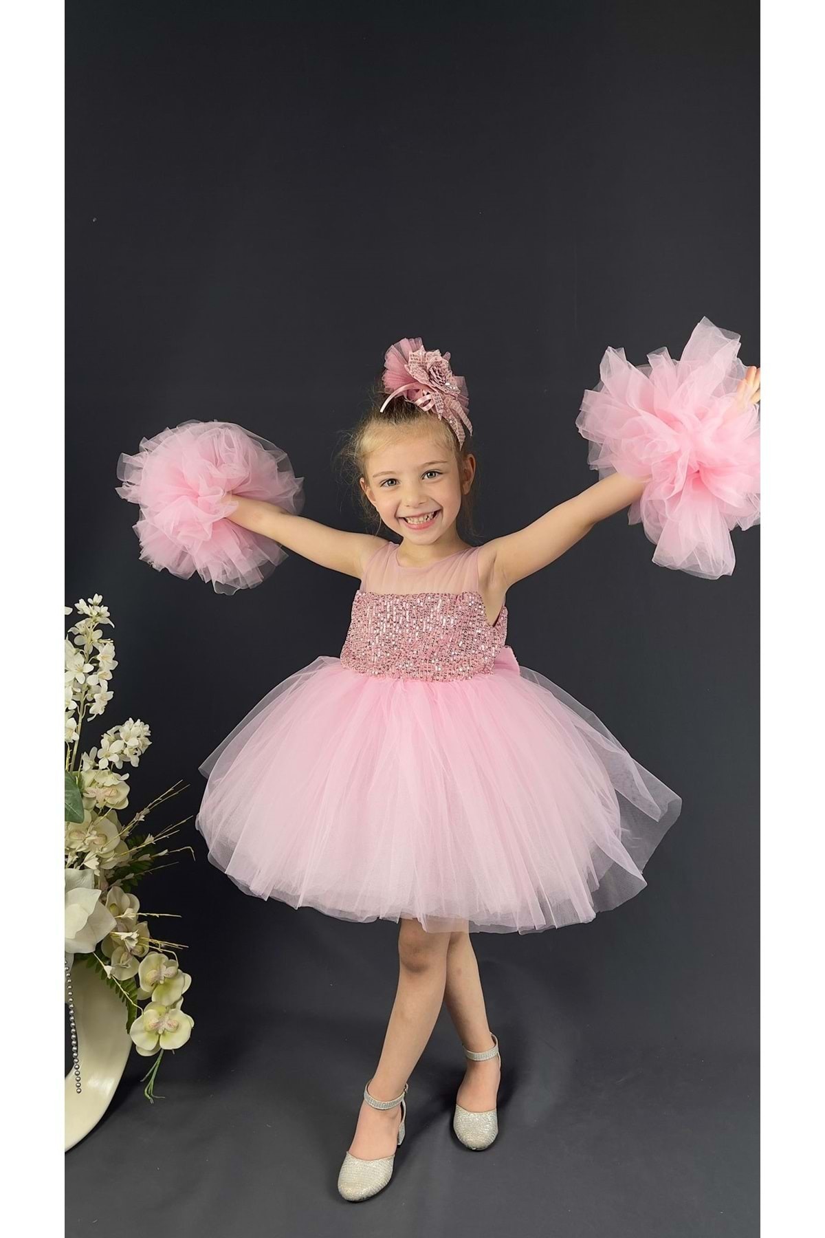 Mnk Baby&Kids Şifon Robalı Ponpon Kol Pul Payetli Kız Çocuk Kabarık Etek Tütülü Abiye PEMBE fotoğrafı 3 (önizleme)