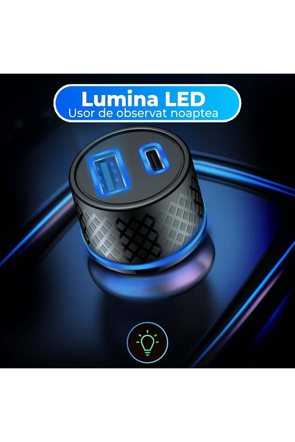 Timebox-Încărcător auto, încărcare super rapidă 43W, 1 x USB QC 3.0, 1 x USB-C, lumini LED, universal, negru 5