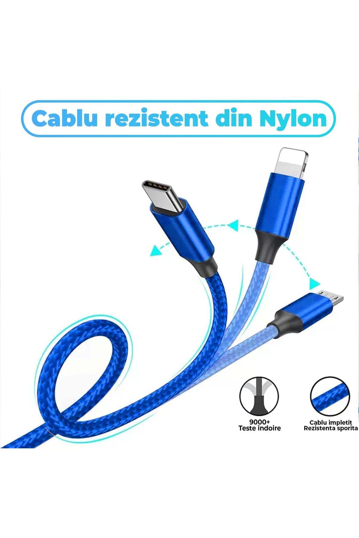 Timebox-Cablu de date și încărcare rapidă, 3 in 1.40W, QC 3.0, USB, USB-C, Lightning, 1.2m, Albastru 4