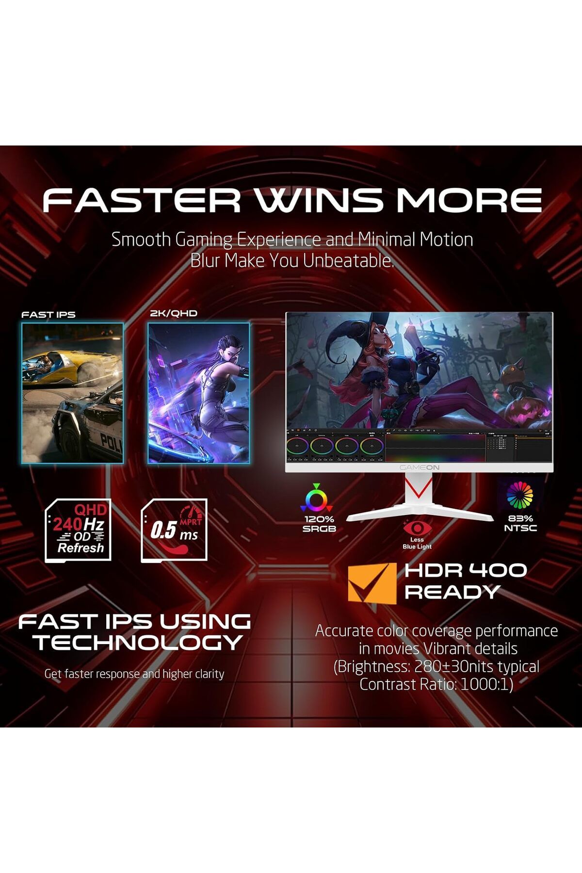 GAMEON-GOAD27QHD240IPS 27” Fast IPS Gaming Monitor, QHD, 240Hz, 0.5ms MPRT, HDMI 2.1 & DP 1.4 3