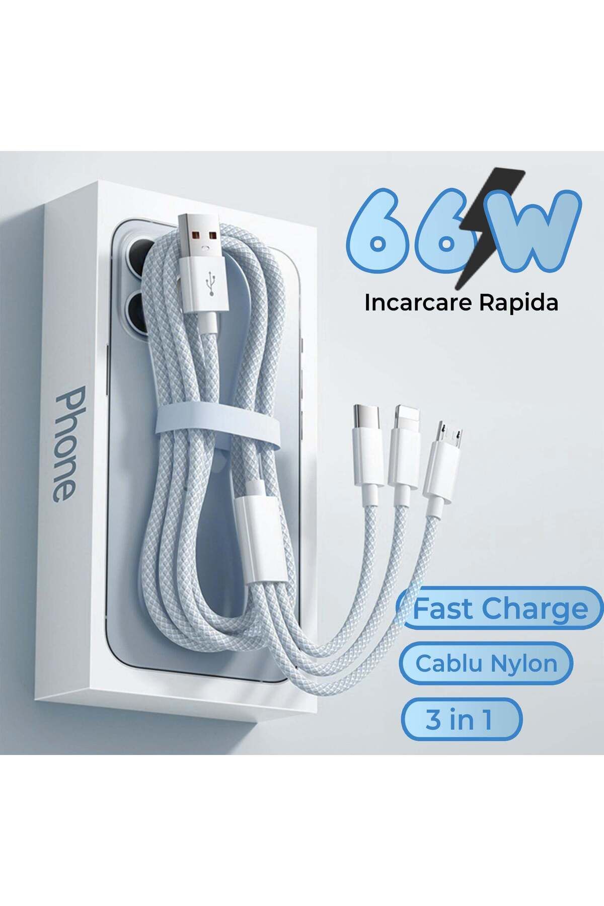 Timebox-Cablu de date și încărcare rapidă, 3 în 1, QC 3.0, 66W, USB, Tip-C, Iluminare, Micro-USB, 1.2m, Gri 2