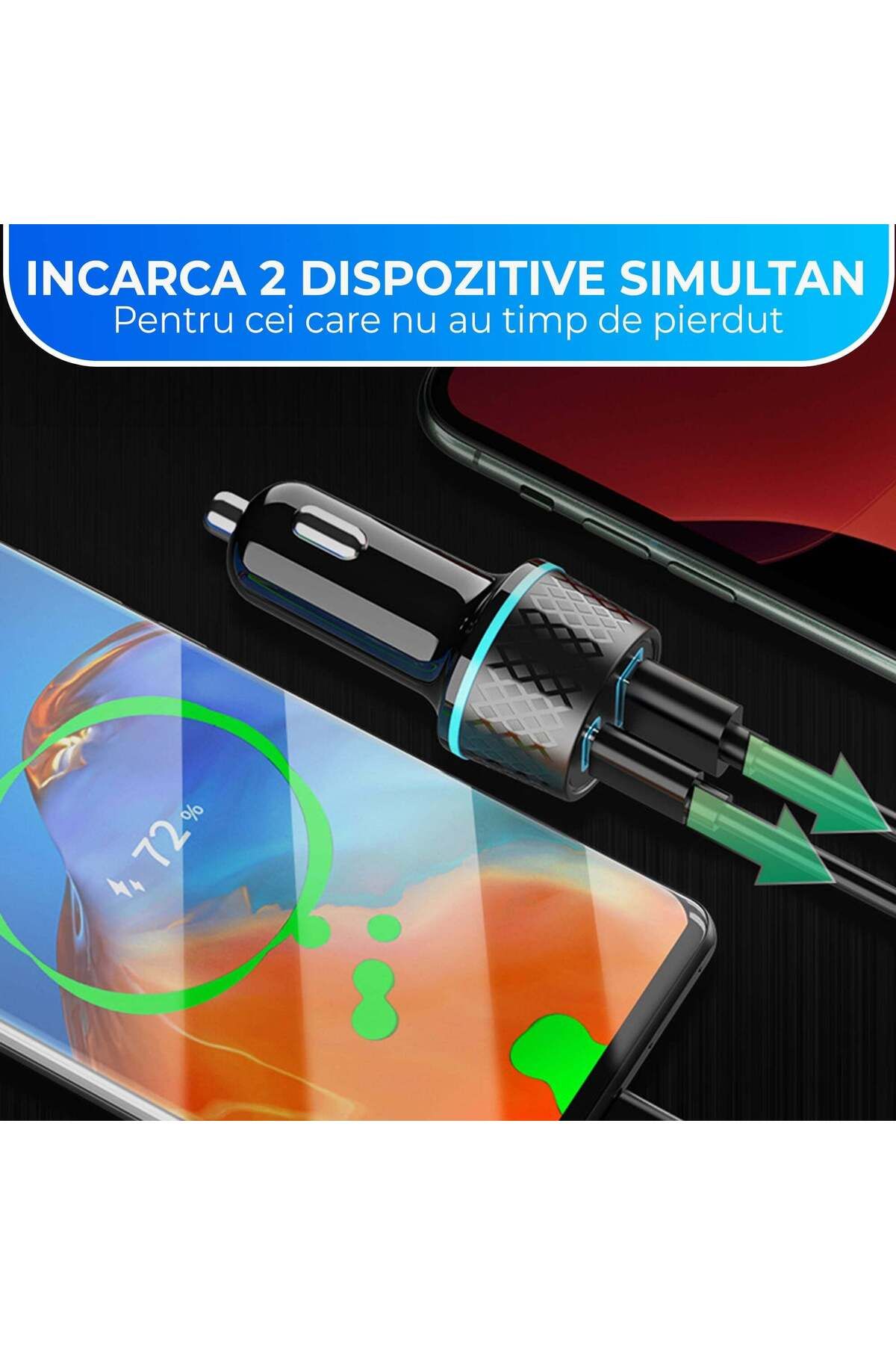 Timebox-Încărcător auto, încărcare super rapidă 43W, 1 x USB QC 3.0, 1 x USB-C, lumini LED, universal, negru 3
