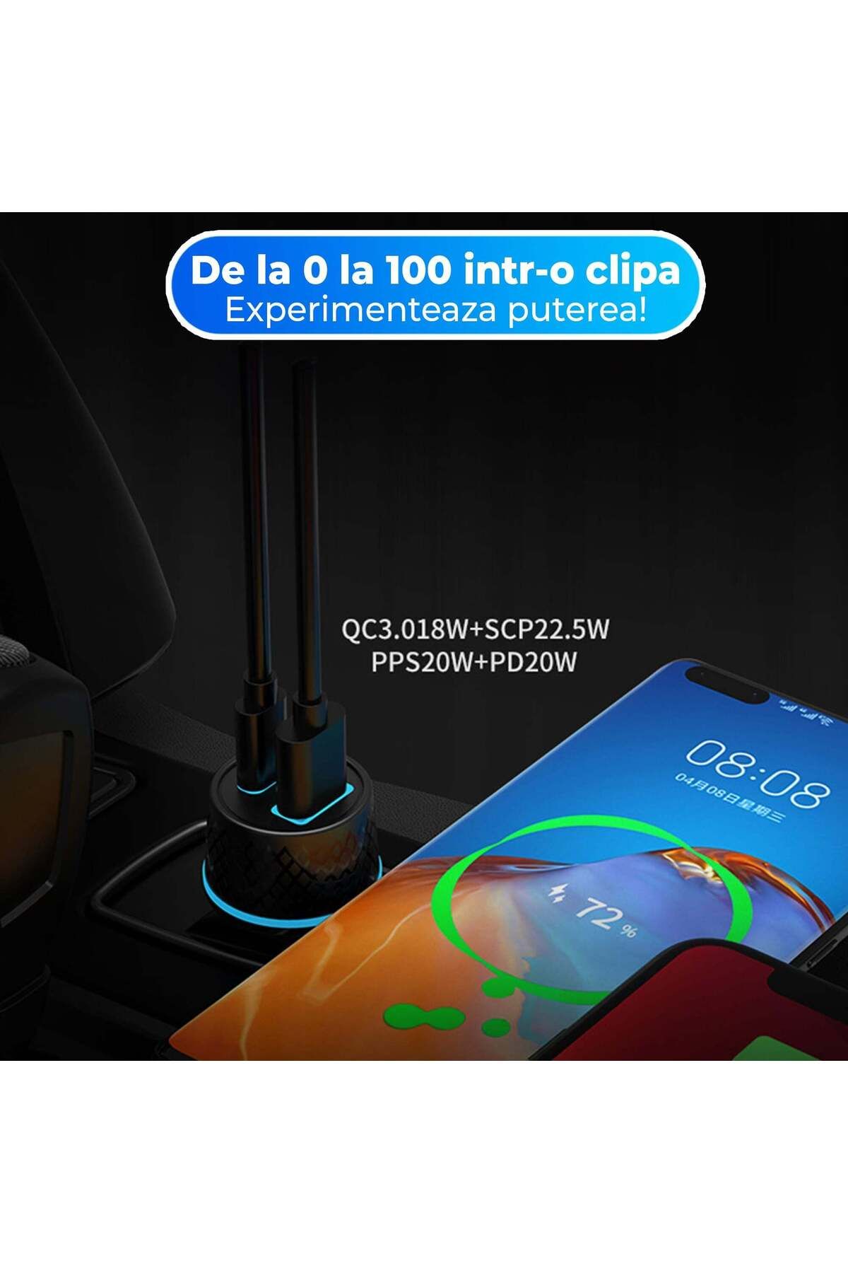 Timebox-Încărcător auto, încărcare super rapidă 43W, 1 x USB QC 3.0, 1 x USB-C, lumini LED, universal, negru 4
