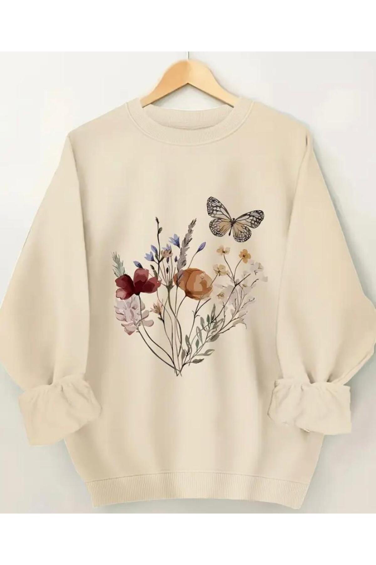 herkesemoda Çiçekler Baskılıı Bisiklet Yaka İçi Polarlı Sweatshirt — سفید hmswklbçççk
