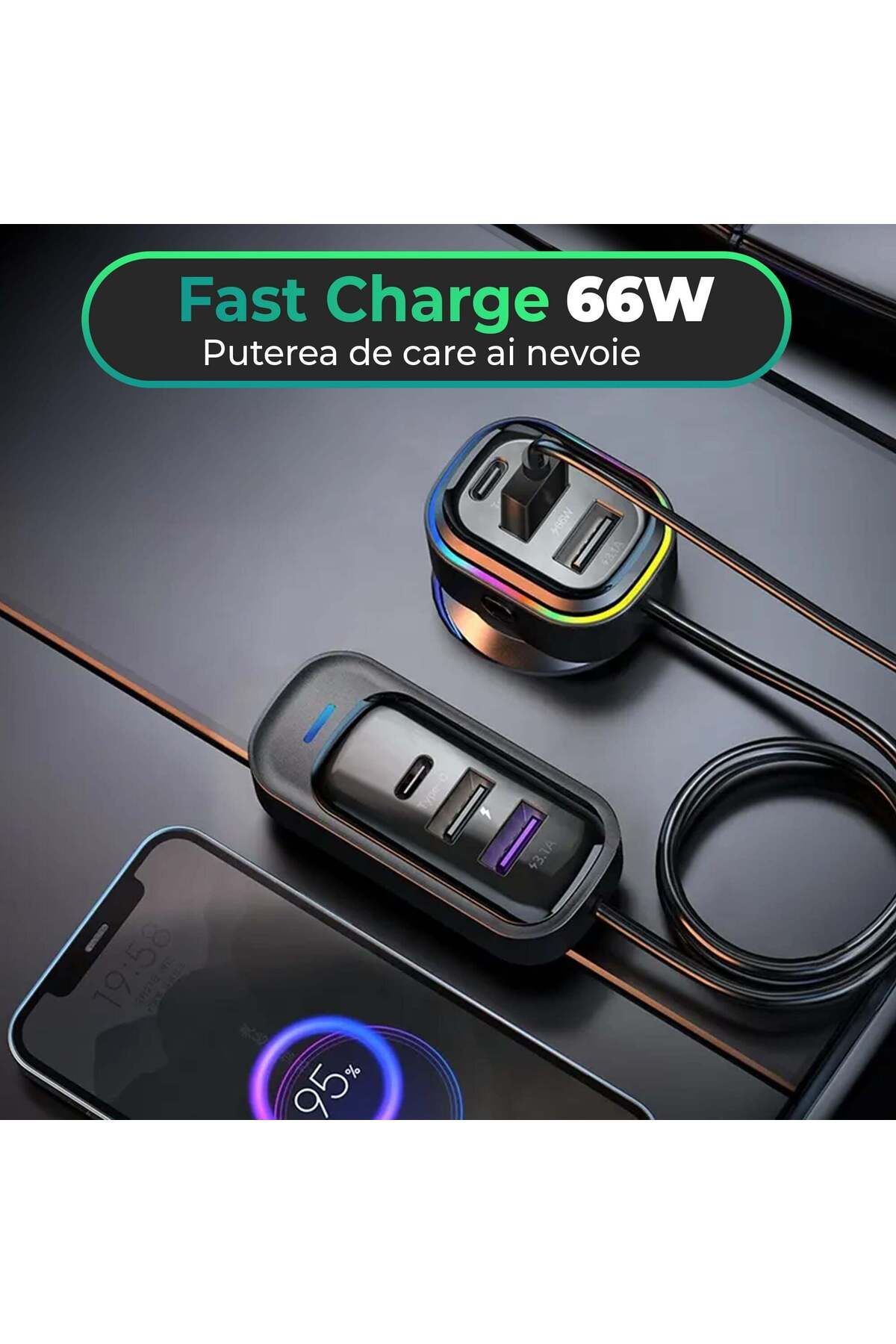 Timebox-Încărcător auto 66W, încărcare super rapidă, 6 în 1, USB-C, USB, lumini LED, universal, negru 3