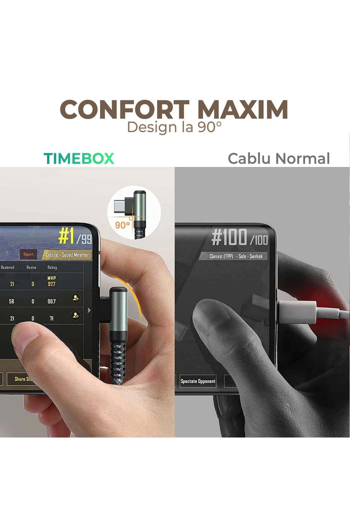 Timebox-Cablu de date și încărcare rapidă, 2 m, QC 3.0, USB la Tip-C, unghi de 90°, nailon, negru 5