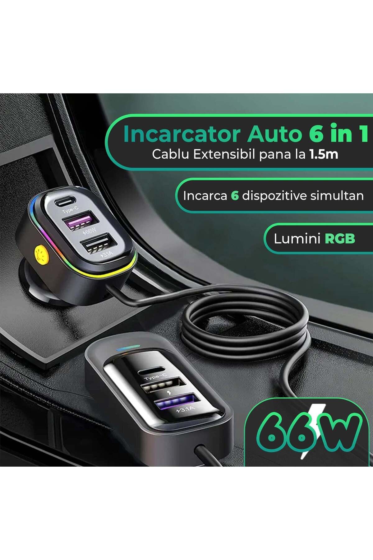 Timebox-Încărcător auto 66W, încărcare super rapidă, 6 în 1, USB-C, USB, lumini LED, universal, negru 2