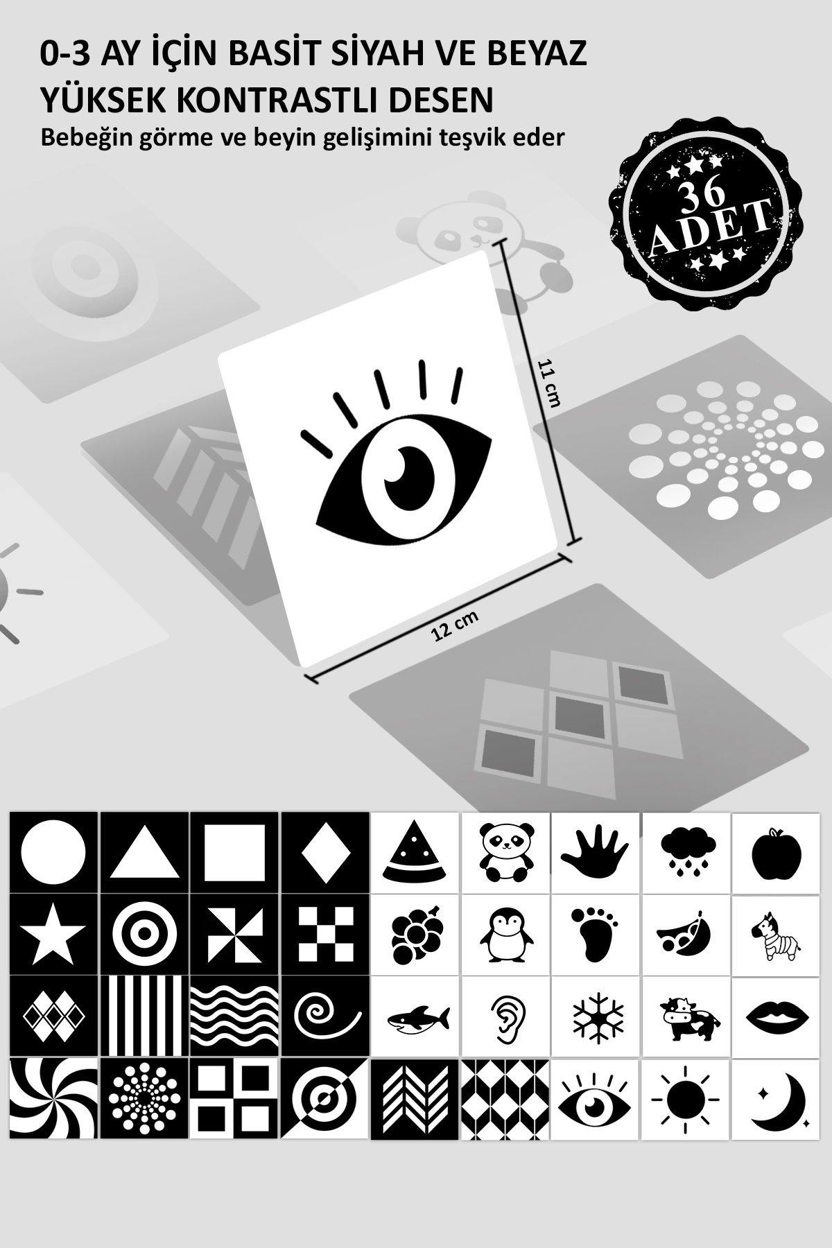 Genel Markalar Siyah Beyaz Bebek Zeka Kartları, Yenidoğan Beyin Gelişimi Eğitici Kart, Hediyelik, 0-3 Ay, 36 Adet fotoğrafı 3 (önizleme)