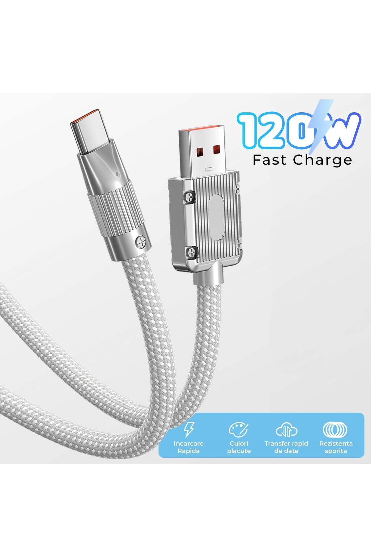 Timebox-Cablu de date și încărcare rapidă 120W, USB la Tip-C, 2 m, LED, Nailon, Alb 2