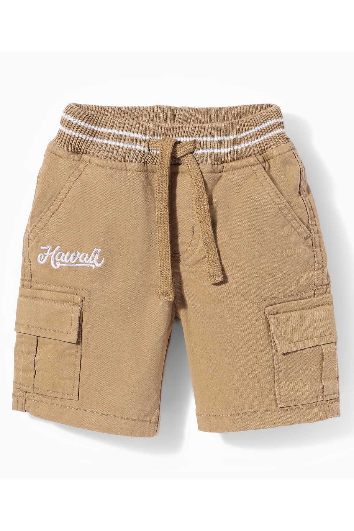 Babyhug-Twill Woven Above Knee Length Text Printed Bermuda With Side Pockets & Stretch - Khaki 1