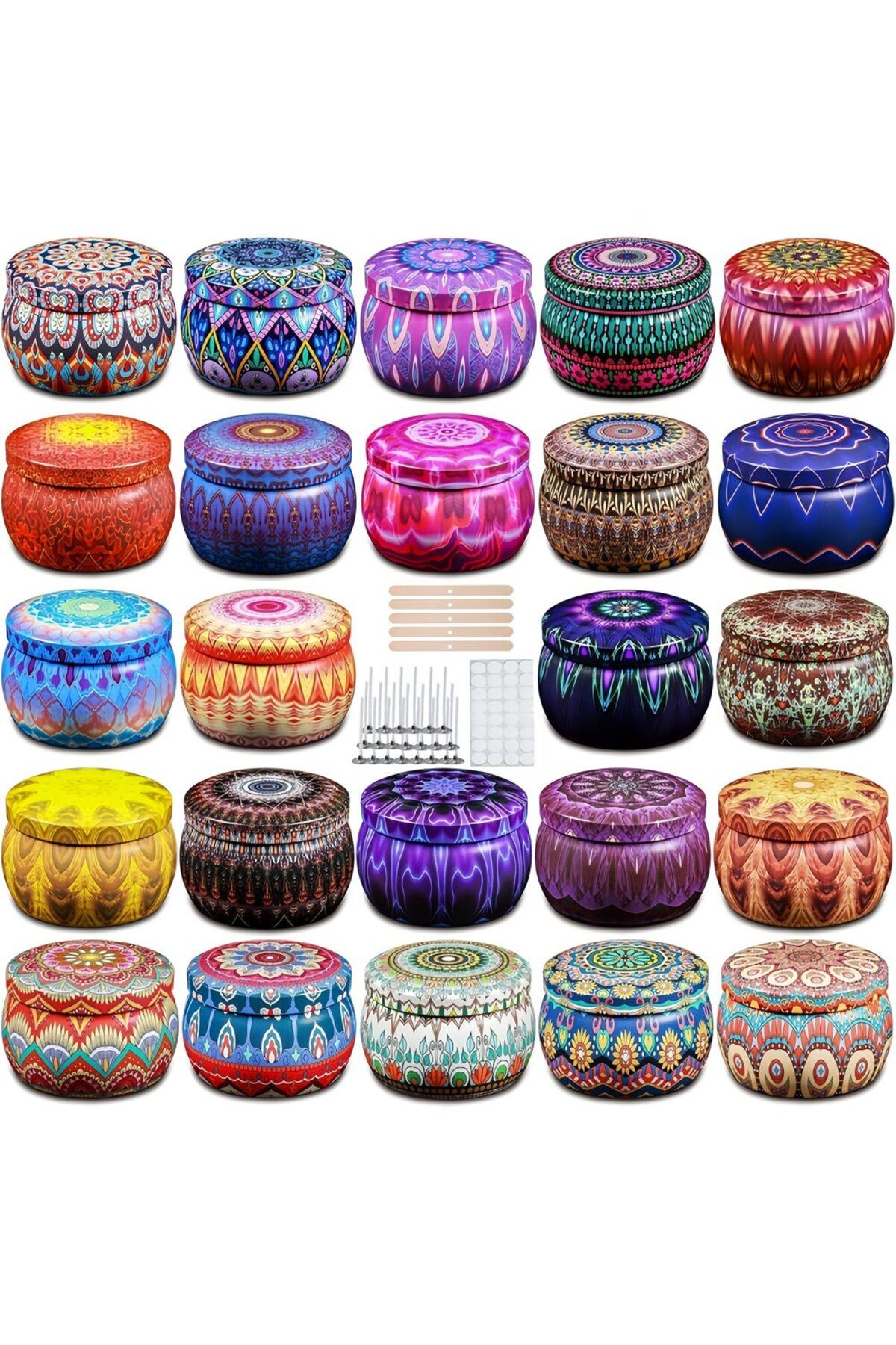 Choice-Multi-Colored 62 Piece Set / Group of 10 Patterned Candle Jars Includes 20 Wicks, 20 Wick Stickers & 1