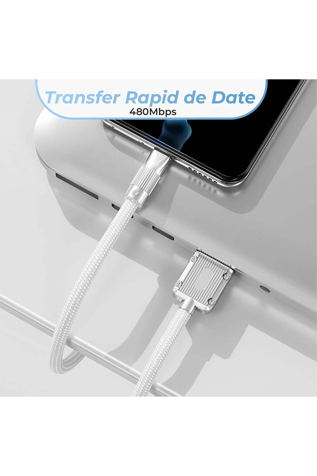 Timebox-Cablu de date și încărcare rapidă 120W, USB la Tip-C, 2 m, LED, Nailon, Alb 5