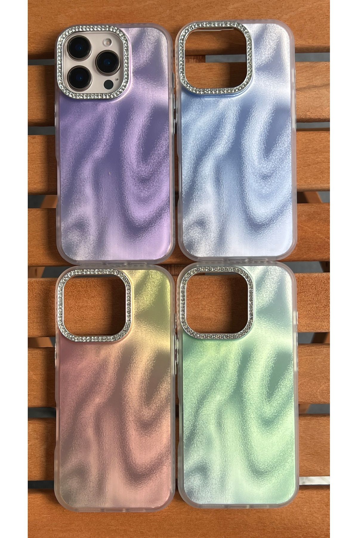 EDELFU-Satin Wave Texture Case for iPhone 16 Pro Max - Cover with Glitter Dust Effect with Rhinestone Camera Frame 2