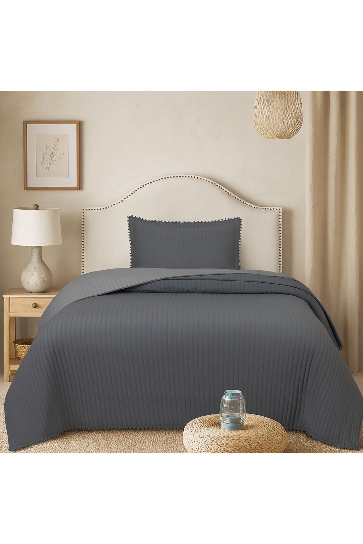 Evimcim-Pompom Detailed Single Bedspread Set with Elegant Touches 1
