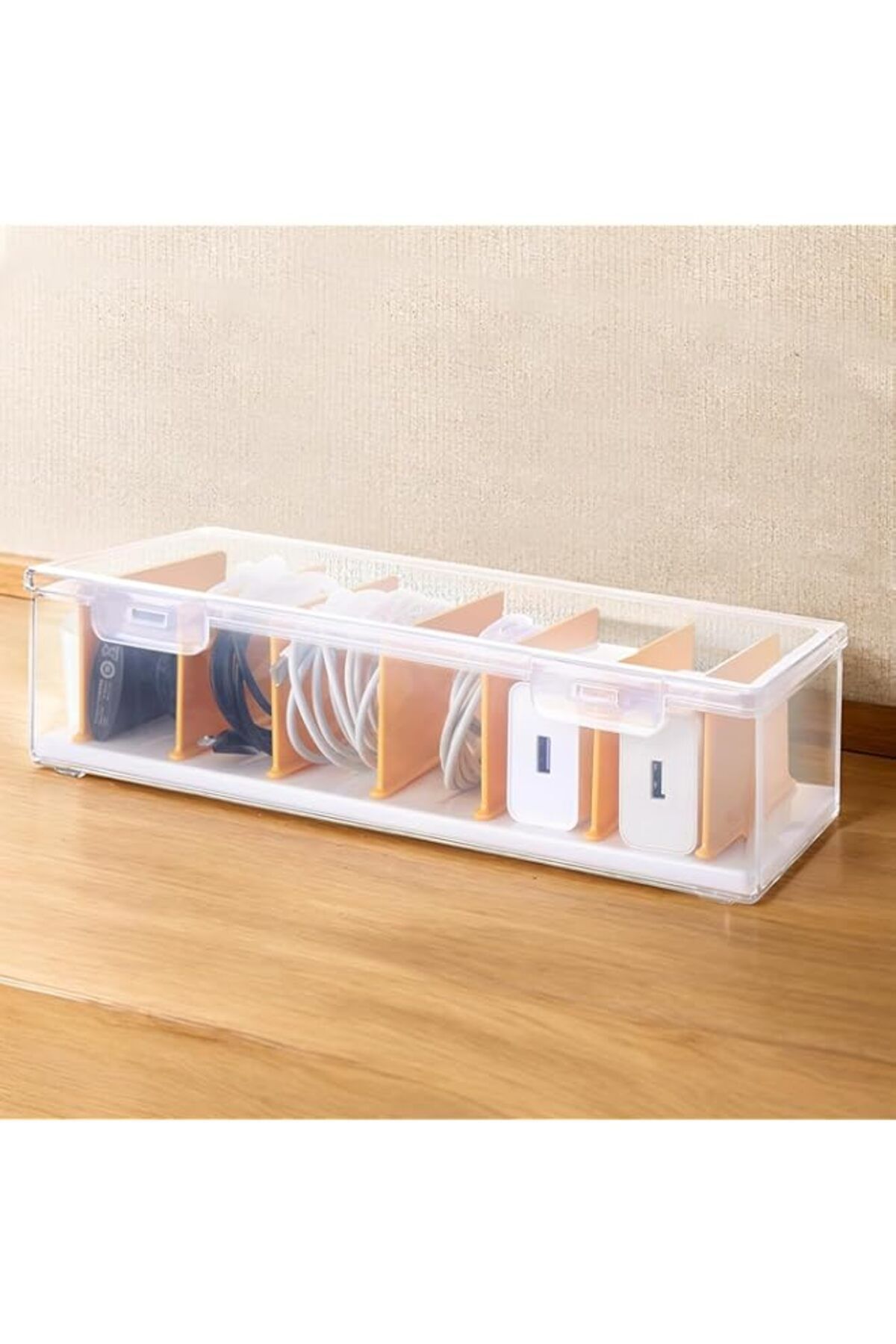 Generic-Tazweeq Cable Organizer Box with Lid, Storage Box Clear with Dividers, Case Wire Organizers for Hom 1