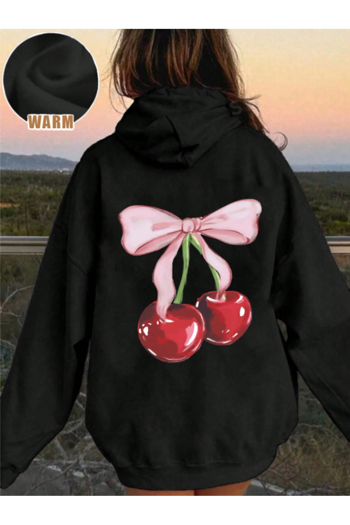 Framgan  Unisex Kadın/Erkek Y2k Cherry Kiraz Baskılı Pamuklu Kapüşonlu Sweatshirt Hoodie - Görsel 5