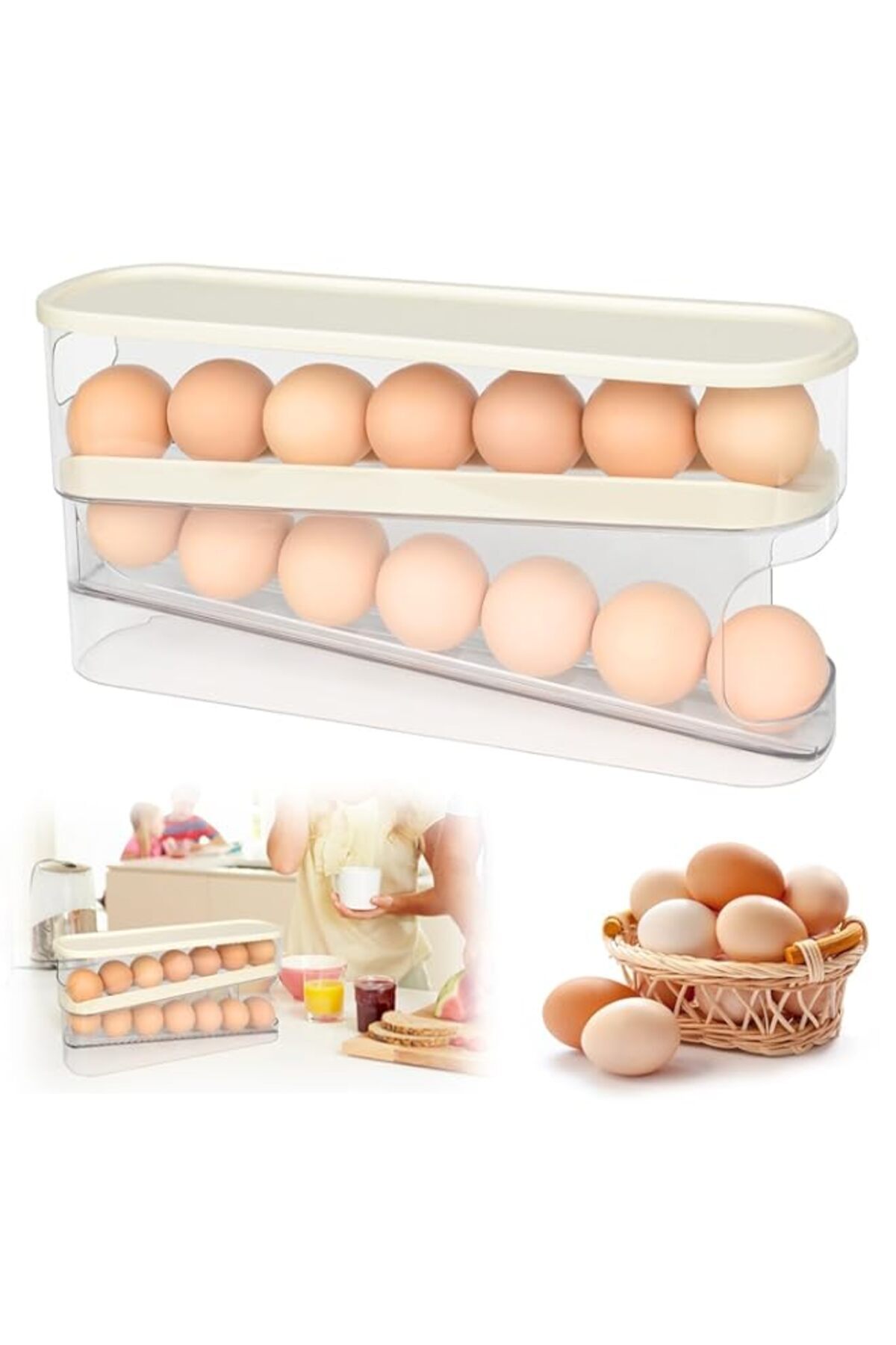 Generic-BIGTHREE Auto Rolling Egg Dispenser for Refrigerator With lid, Home Egg Holder with Double Layer La 1