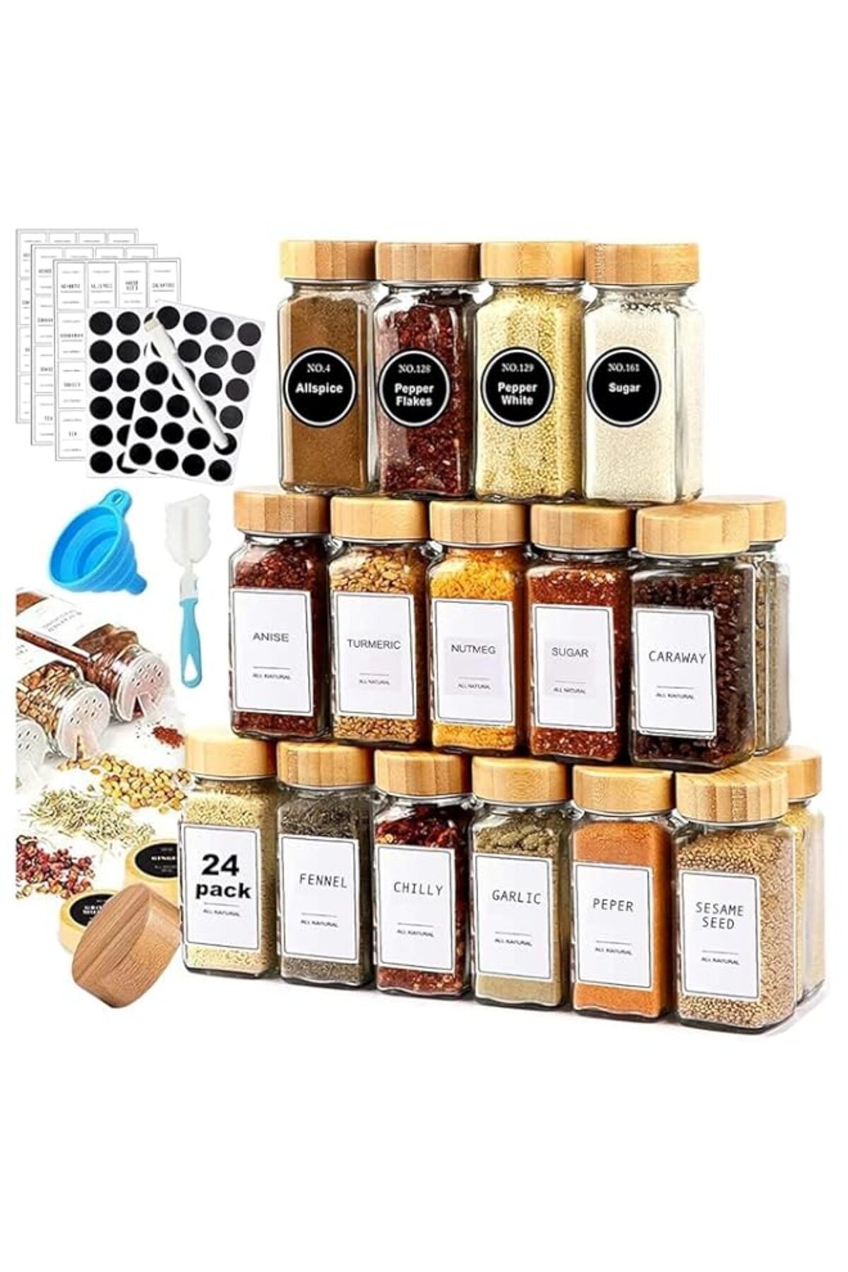Generic-Sulfar 120ml Glass Spice Jars, Square Empty Spice Containers with Labels, Shaker Lids, Bamboo Caps, 1