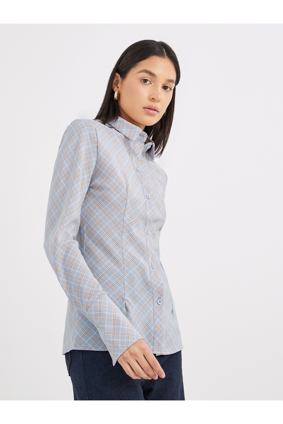 Styli Women Blue Plaid Fitted Shirt