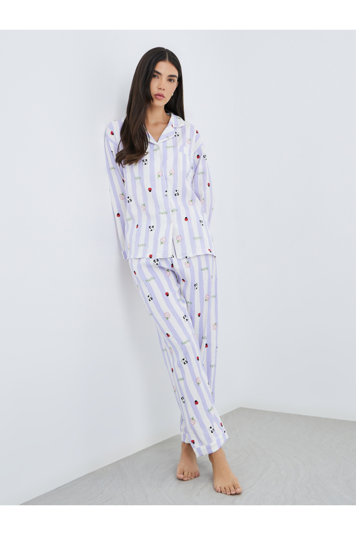 Styli Striped Graphic Print Cotton Shirt and Pyjama Set